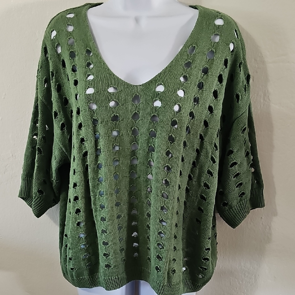 Open-Knit Olive V-Neck Sweater